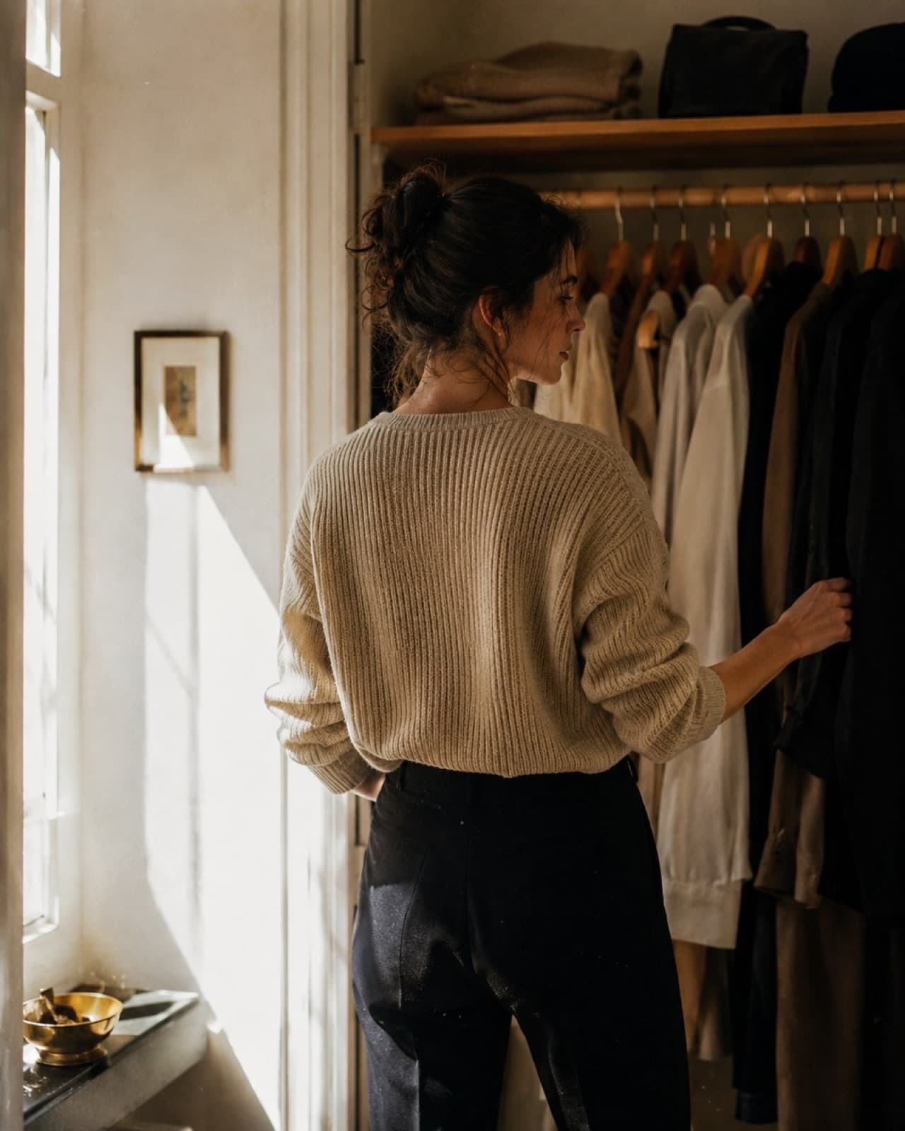 Mujer de espaldas frente a un armario abierto de ropa neutra, con luz de mañana entrando por la ventana