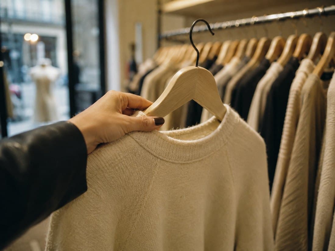 Mano sosteniendo una prenda en su percha, levantada de una barra de ropa dentro de una boutique