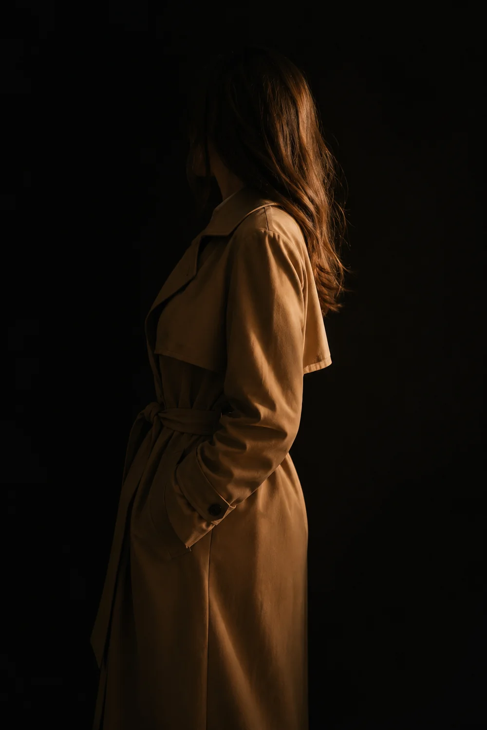 Mujer de perfil con gabardina camel sobre fondo casi negro, con la luz recorriendo la silueta